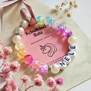 Schulkind Armband Mädchen • Personalisiertes Armband Name, Regenbogen Einhorn Schulstart,  Schultüte Füllung, Geschenk Einschulung Rosa