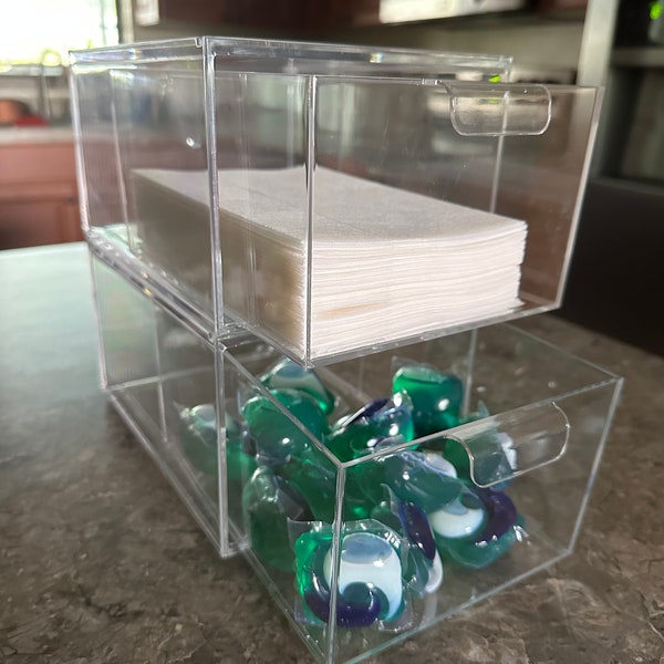 Clear storage drawers w/ labels