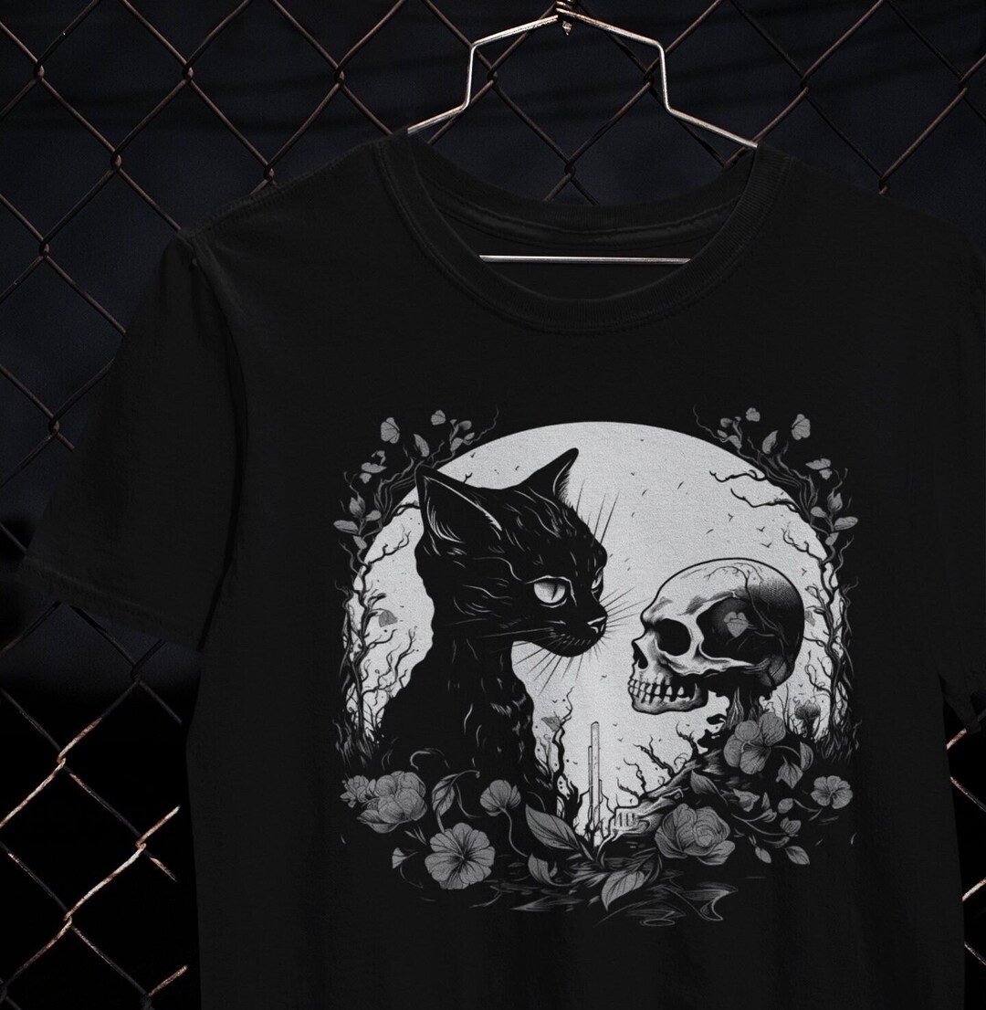 Weirdcore Cat and Skull T-shirt, Y2K T-shirt, Gothic Clothes, Alt T ...