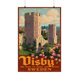 Visby &quot;The Town of Ruins and Roses&quot; Travel Poster, Premium Vintage Style (1936)