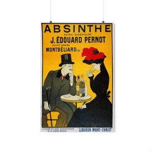 Puede incluir: Póster vintage que anuncia Absinthe Extra-Supérieure de J. Édouard Pernot, una Sociedad Anónima en Montbéliard. El póster presenta a un hombre y una mujer sentados a una mesa con botellas de absenta. El texto "LIQUEUR MONT-CHRIST" está en la parte inferior del póster.
