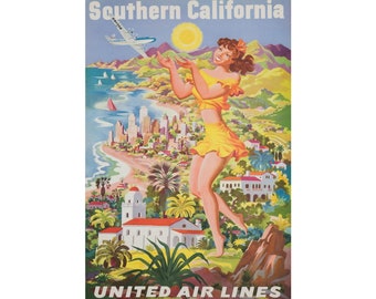 Póster de viajes vintage del sur de California United Airlines