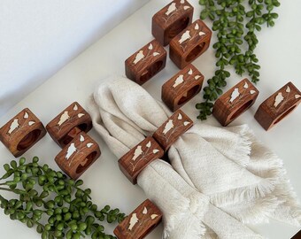 Vintage Set of 12 Hand Carved Wooden Napkin Rings, India Wood Inlay Boho Table Decor
