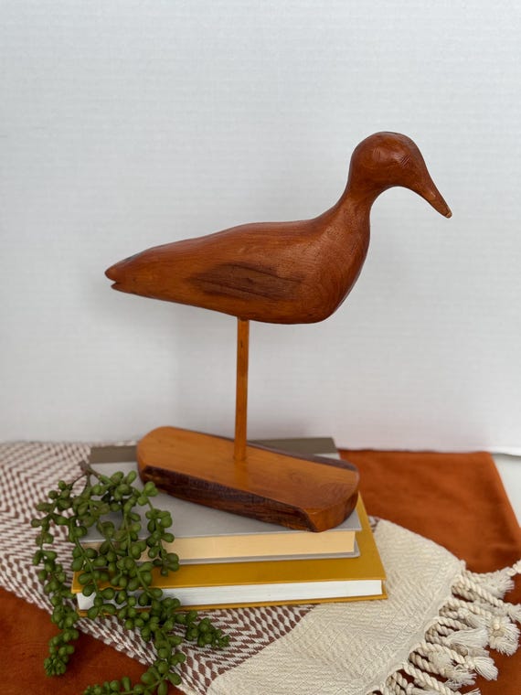 Vintage Hand Carved Wood Bird Statue Multi Tone Base Bird Carving