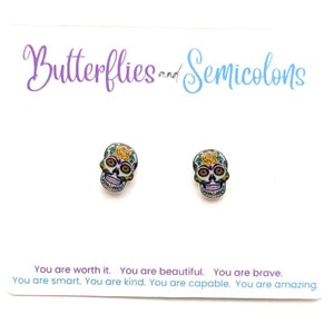 Day of the Dead Sugar Skull Stud Earrings-Día de los Muertos Earrings-Halloween-Detailed Sugar Skull Stud Earrings