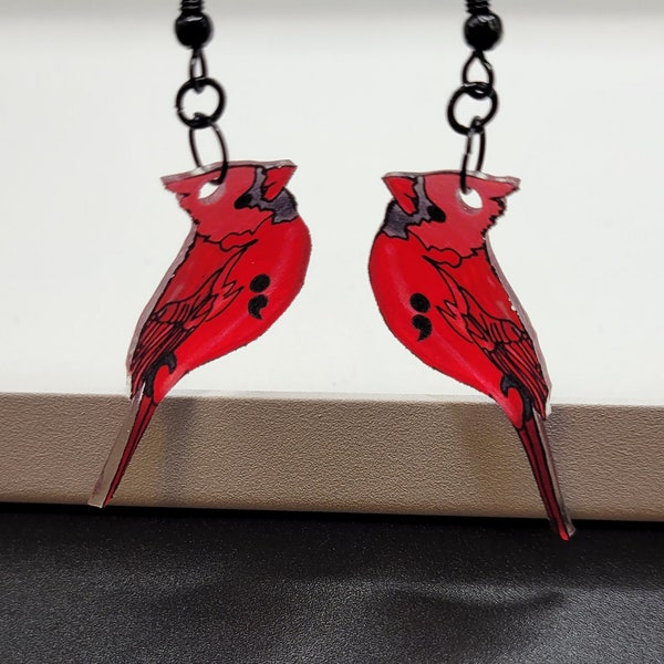 Red Cardinal Earrings with Semicolons-Suicide Prevention-Mental Health Awareness