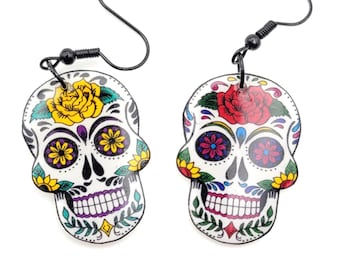 Day of the Dead Sugar Skull Dangle Earrings, Lightweight Halloween Jewelry