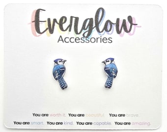 Blue Jay Stud Earrings--Blue Bird Stud Earrings--Hypoallergenic Titanium Posts