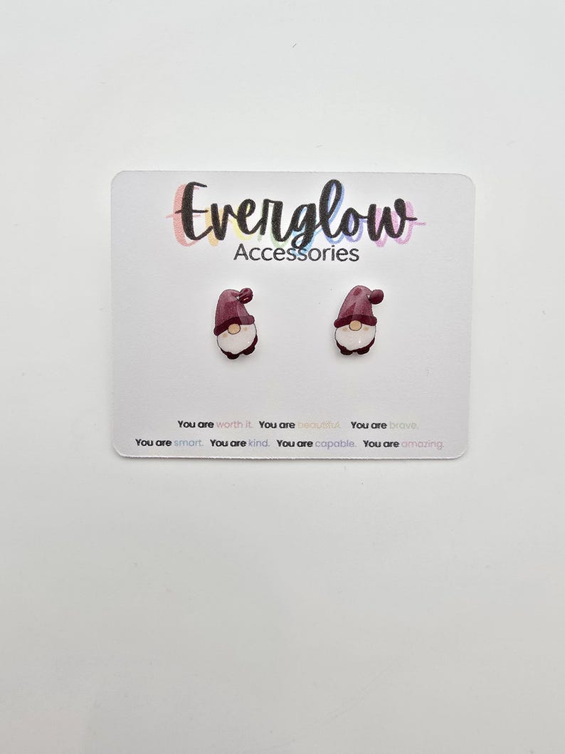 Gnome Stud Earrings: Blue or Maroon Gnomes, Hypoallergenic Titanium image 3