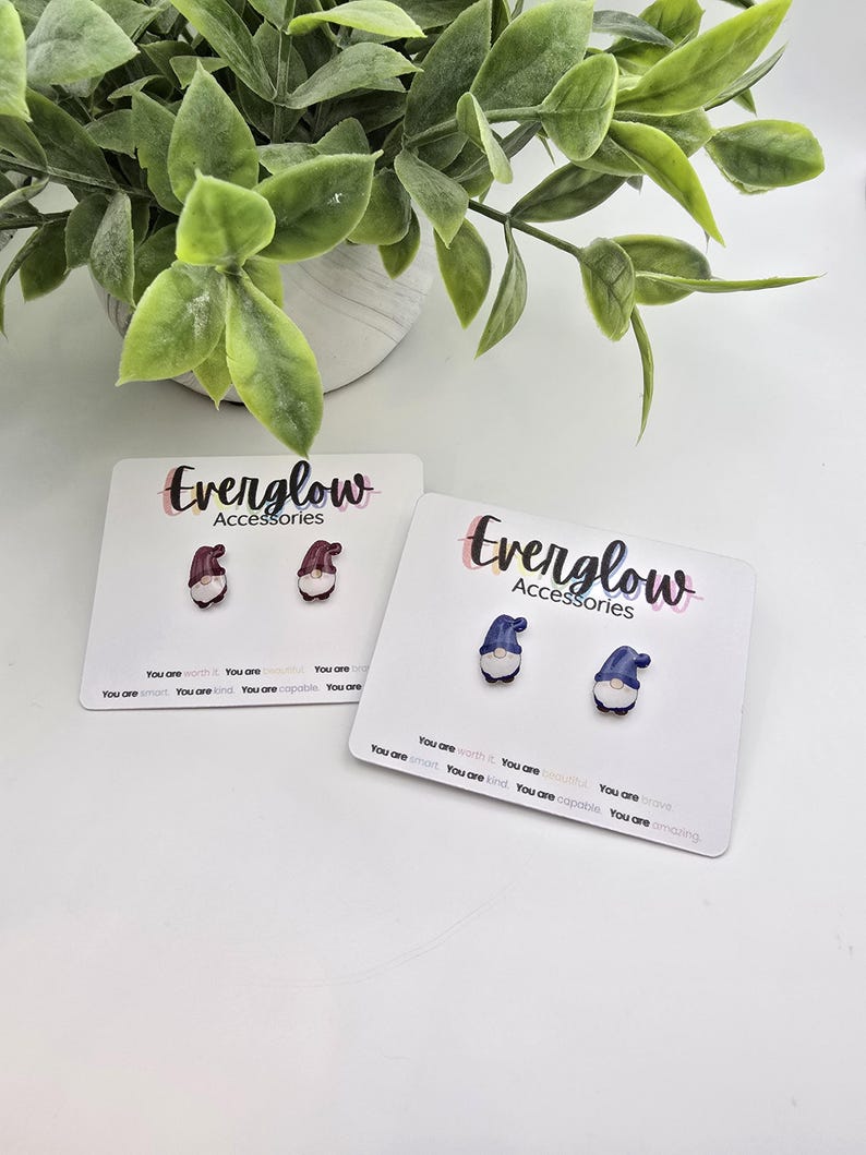 Gnome Stud Earrings: Blue or Maroon Gnomes, Hypoallergenic Titanium image 9