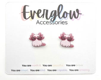 Pink Axolotl Earrings with Heart Sunglasses-Hypoallergenic Titanium Posts