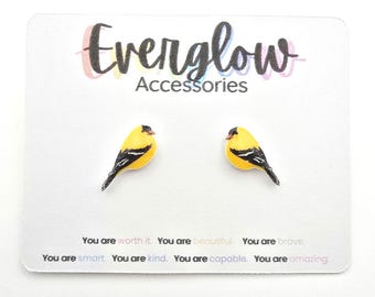American Goldfinch Stud Earrings-Unique Yellow Bird Earrings-Hypoallergenic Titanium Posts