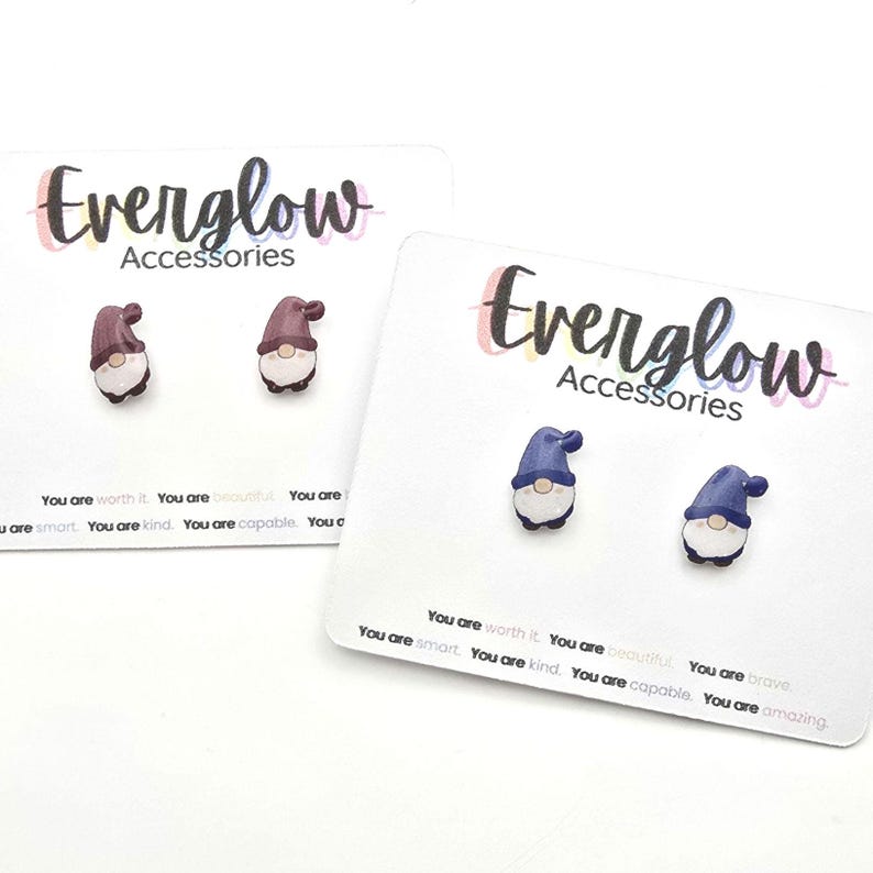 Gnome Stud Earrings: Blue or Maroon Gnomes, Hypoallergenic Titanium image 1