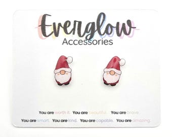 Santa Gnome Stud Earrings--Cute Christmas Gnome Earrings--Hypoallergenic Titanium Posts