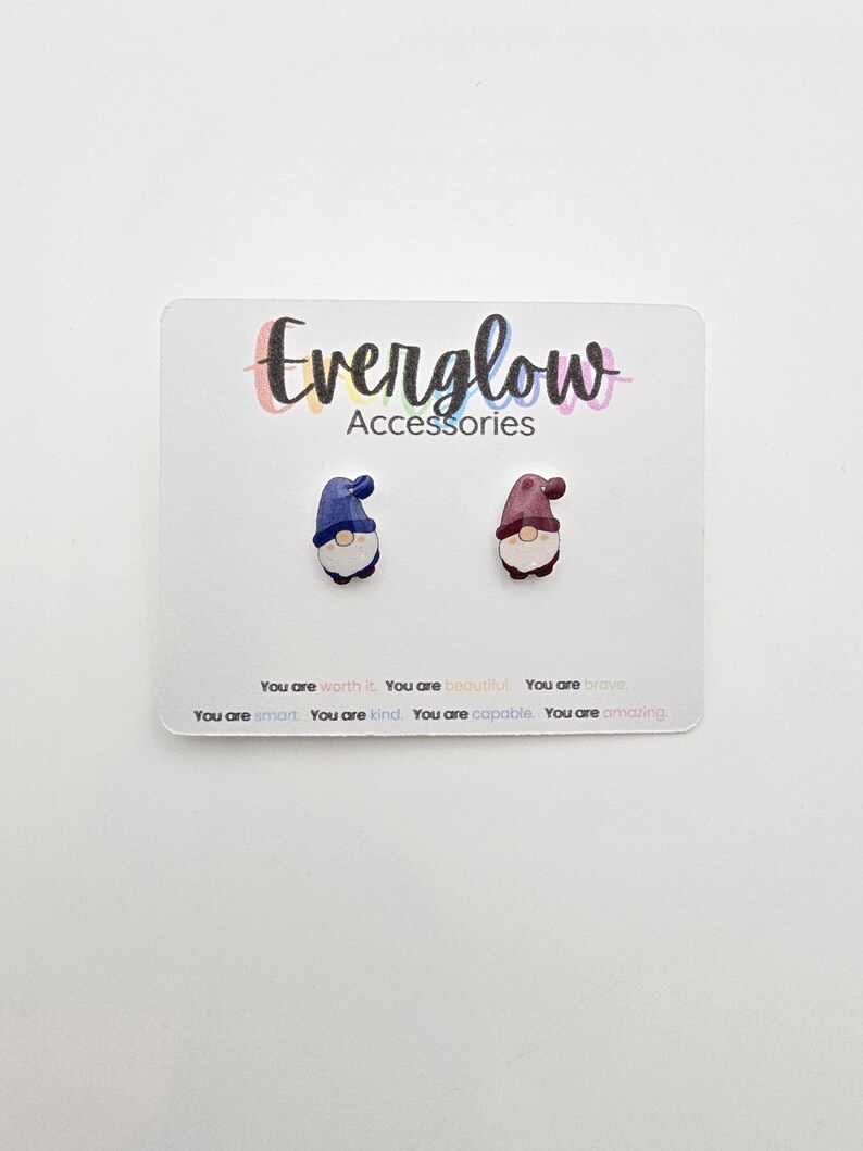 Gnome Stud Earrings: Blue or Maroon Gnomes, Hypoallergenic Titanium image 4