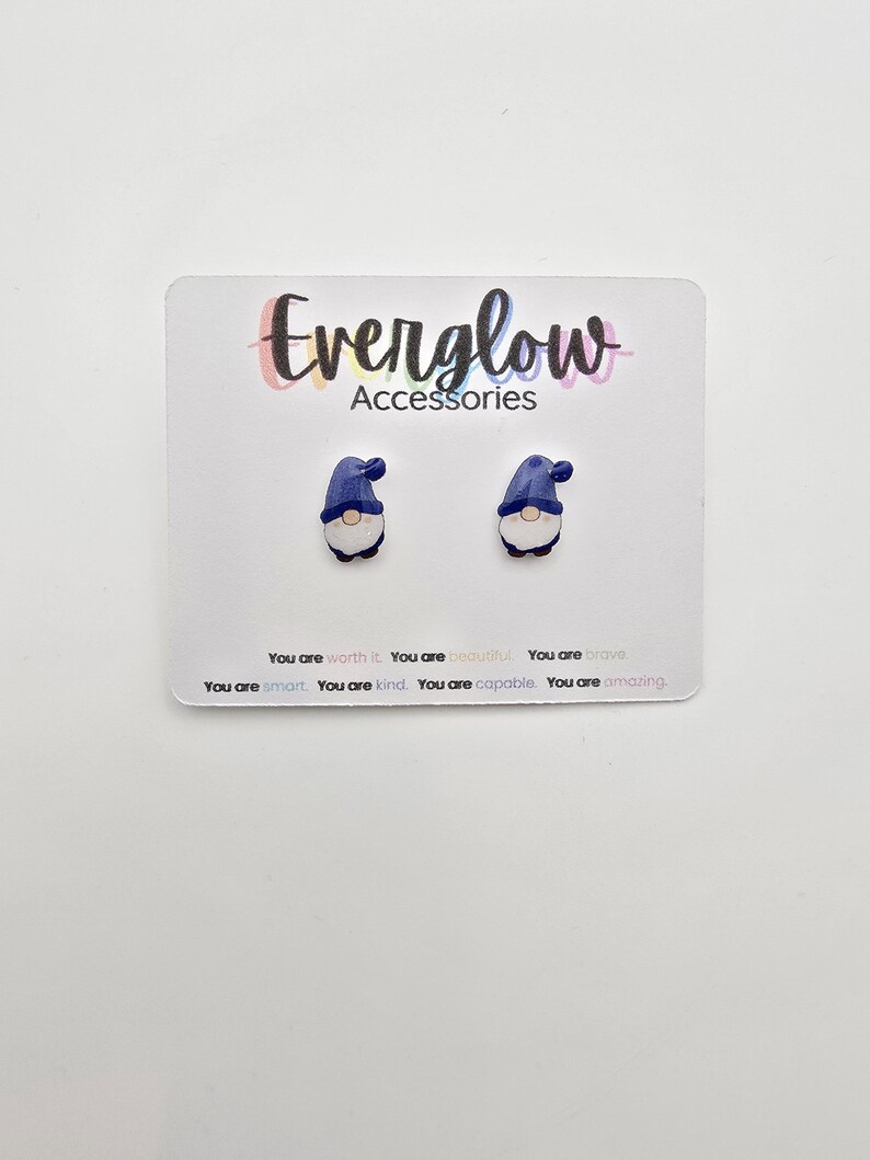 Gnome Stud Earrings: Blue or Maroon Gnomes, Hypoallergenic Titanium image 2