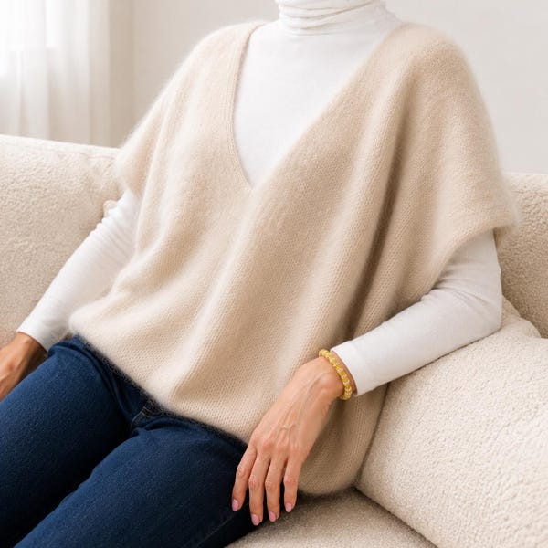 Hand Knitted Mohair Silk Vest: Fluffy V-Neck Sleeveless Sweater, Oversized Boho Style, Plus Size