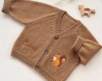 Personalized Baby Cashmere Merino Cardigan V neck, Cashmere Blend Sweater with Name & Squirrel Embroidery, Luxury Newborn Gift