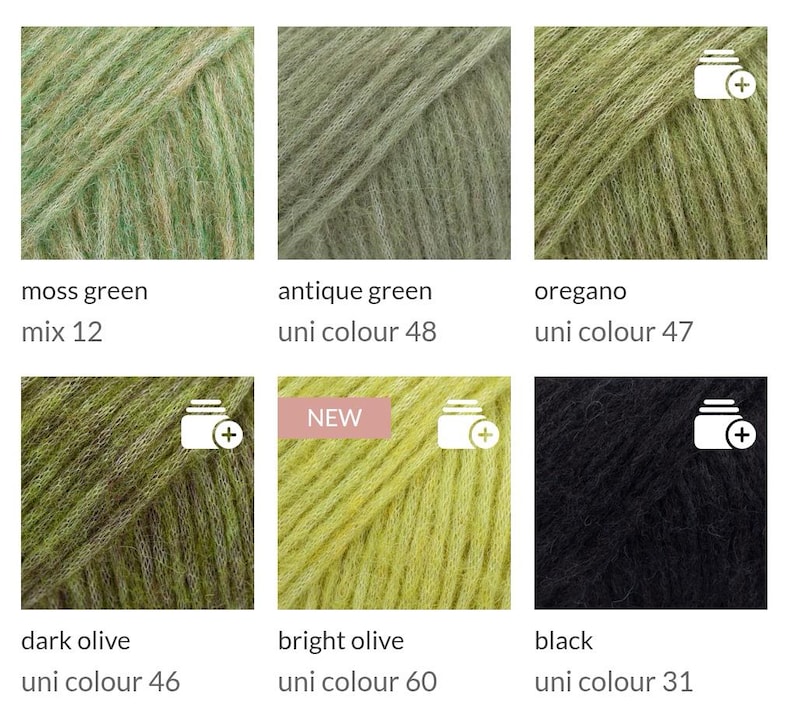 May include: Close-up of six skeins of yarn in various shades of green and black. Colors include moss green, antique green, oregano, dark olive, bright olive, and black. Each skein is labeled with its color name and a unique identifier.