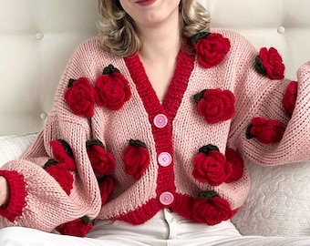 Pink Alpaca Merino Cardigan with 3D Crochet Roses, Hand Knitted Cottagecore Sweater