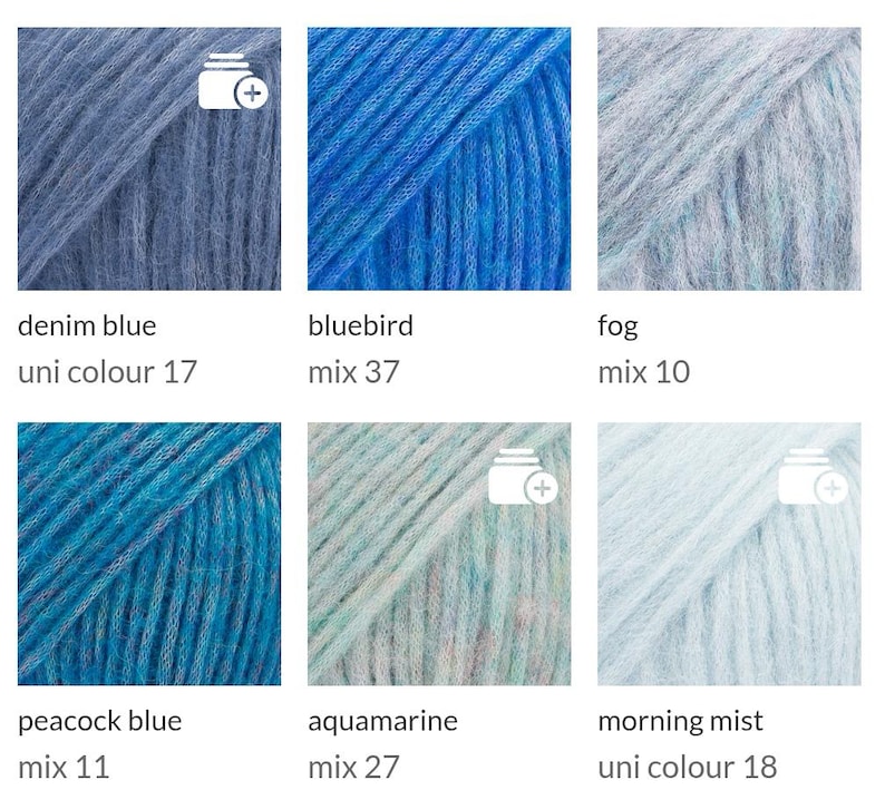 May include: A collection of six skeins of yarn in various shades of blue and teal. Each skein is labeled with a color name and a mix number. Colors include denim blue, bluebird, fog, peacock blue, aquamarine, and morning mist.