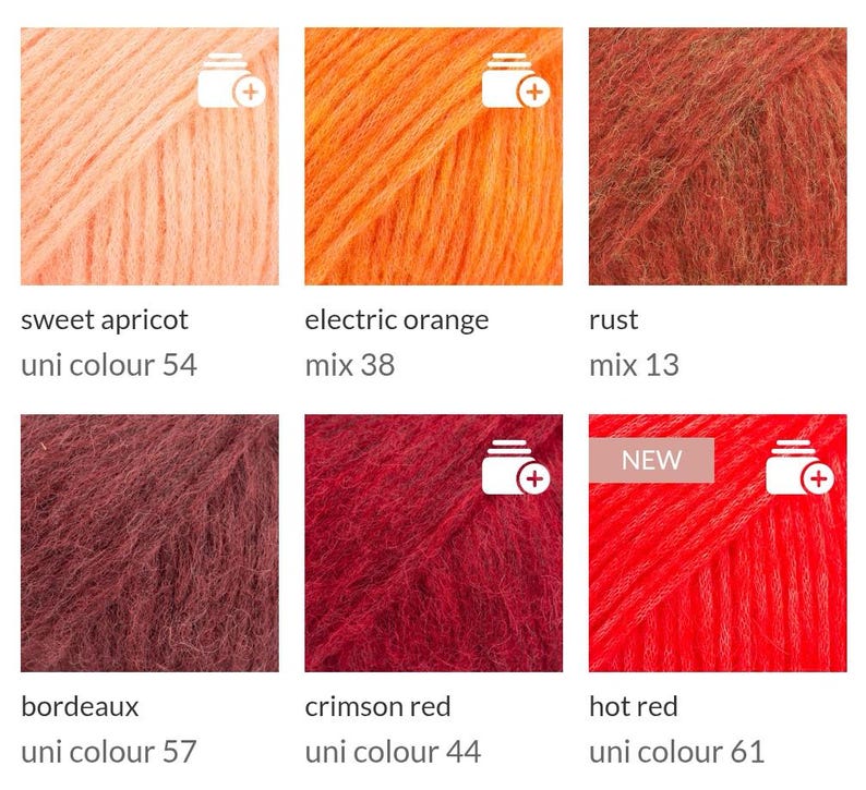 May include: A collection of six yarn skeins in various colors. Colors include sweet apricot, electric orange, rust, bordeaux, crimson red, and hot red. Each skein has a label with the color name and number. The "hot red" skein has a "NEW" label.