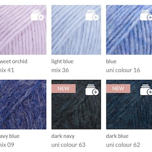 May include: A collection of six skeins of yarn in various shades of blue and purple. The colors include sweet orchid, light blue, blue, navy blue, dark navy, and dark blue. Each skein is labeled with its color name and mix or uni colour number.