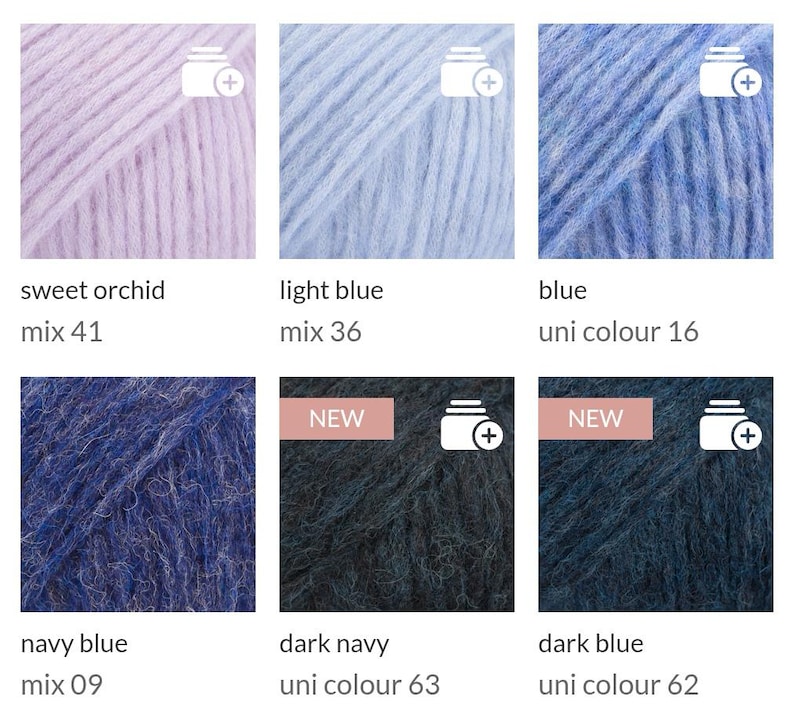 May include: A collection of six skeins of yarn in various shades of blue and purple. The colors include sweet orchid, light blue, blue, navy blue, dark navy, and dark blue. Each skein is labeled with its color name and mix or uni colour number.