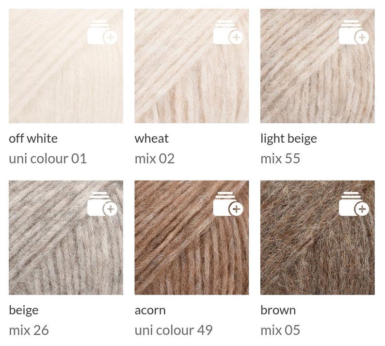 May include: A collection of six yarn skeins in various neutral colors. The colors include off-white, wheat, light beige, beige, acorn, and brown. Each skein has a label with the color name and a mix or uni colour code.