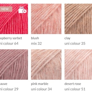 May include: A selection of six yarn samples in various colors. The colors include raspberry sorbet, blush, clay, mauve, pink marble, and desert rose. Each sample has a label with the color name and a product code. The top left sample has a "NEW" label.