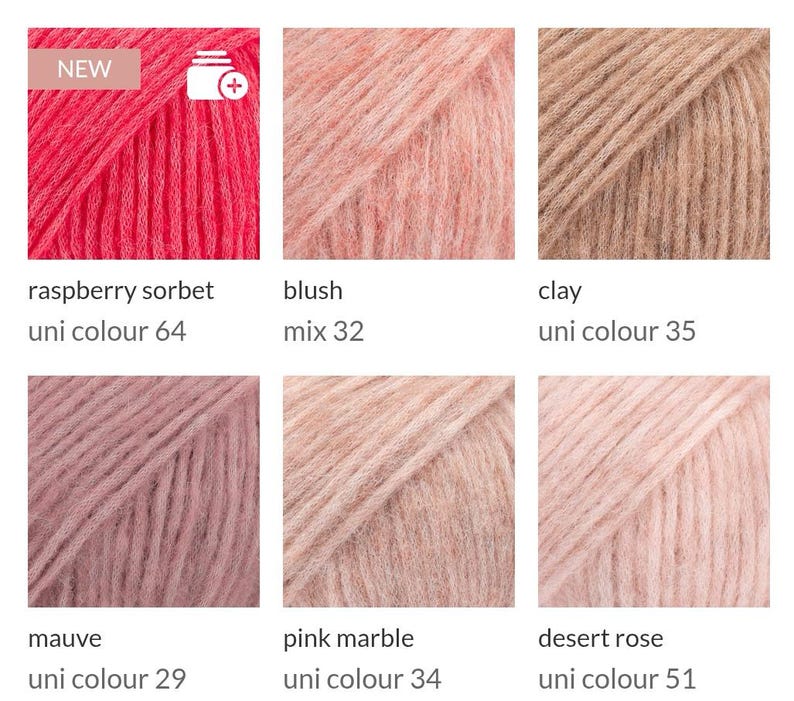 May include: A selection of six yarn samples in various colors. The colors include raspberry sorbet, blush, clay, mauve, pink marble, and desert rose. Each sample has a label with the color name and a product code. The top left sample has a "NEW" label.
