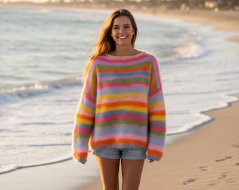 Hand Knitted Mohair Silk Sweater, Rainbow Striped Oversized Colorful Jumper Mohair Merino