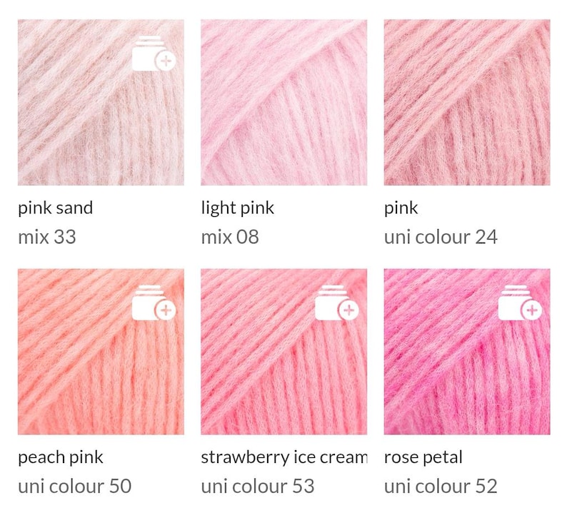 May include: A collection of six skeins of yarn in various shades of pink. The colors range from light pink to a deeper rose, with names like "pink sand," "light pink," and "strawberry ice cream." Each skein is labeled with its color name and number.