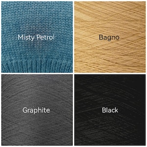 May include: A four-quadrant grid displaying yarn textures and colors. The top left is a knitted blue fabric labeled Misty Petrol. The top right is tan yarn labeled Bagno. The bottom left is dark gray yarn labeled Graphite. The bottom right is black yarn labeled Black.