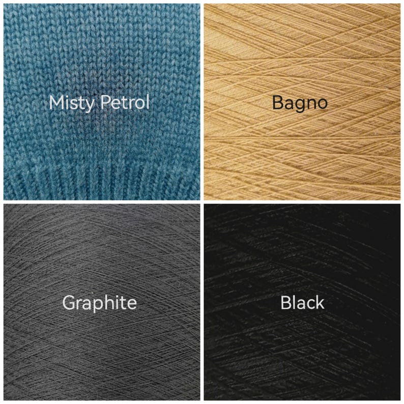 May include: A four-quadrant grid displaying yarn textures and colors. The top left is a knitted blue fabric labeled Misty Petrol. The top right is tan yarn labeled Bagno. The bottom left is dark gray yarn labeled Graphite. The bottom right is black yarn labeled Black.