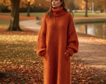Hand Knit Alpaca Blend Sweater Dress | Chunky Turtleneck Tunic