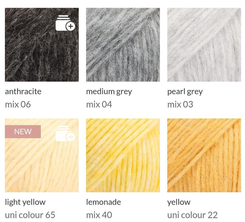 May include: A selection of yarn skeins in various colors, including anthracite, medium grey, pearl grey, light yellow, lemonade, and yellow. Each skein is labeled with its color name and mix or uni colour number. The light yellow skein has a "NEW" label.
