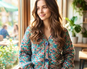 Handmade Multi Color Chunky Knit Cardigan, Balloon Sleeve Boho Sweater