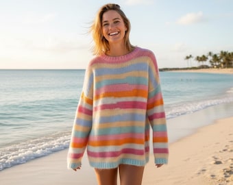 Sunset Mohair Sweater Rainbow Striped, Chunky Oversized Fit, Pastel Colors, Colorful Pullover