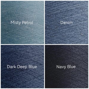 May include: A four-panel grid showing textured yarn in four blue shades. The top left is labeled Misty Petrol, the top right is Denim, the bottom left is Dark Deep Blue, and the bottom right is Navy Blue. Each section displays a cross-hatched fiber pattern.
