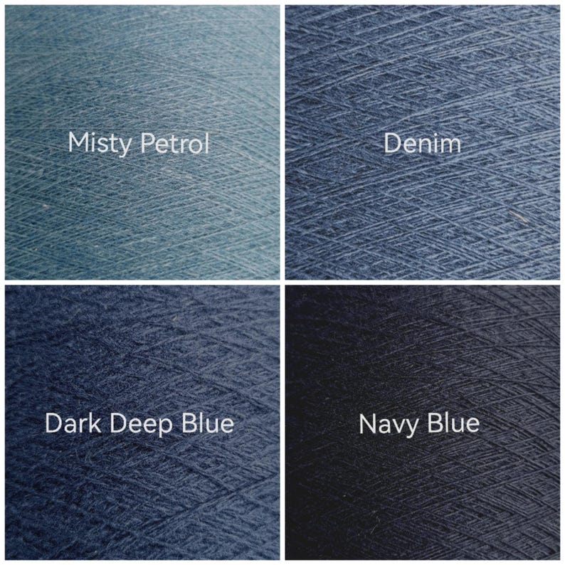 May include: A four-panel grid showing textured yarn in four blue shades. The top left is labeled Misty Petrol, the top right is Denim, the bottom left is Dark Deep Blue, and the bottom right is Navy Blue. Each section displays a cross-hatched fiber pattern.