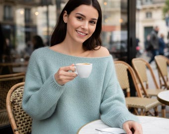 Hand Knitted Mohair Silk Sweater | Oversized Boat Neck Fluffy Jumper