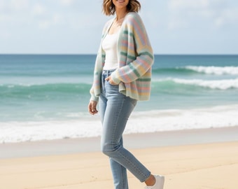 Hand Knitted Mohair Cardigan in Pastels, Rainbow Striped Oversized Colorful Sweater