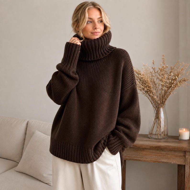 May include: A dark brown, chunky knit sweater featuring a high, ribbed turtleneck collar, long sleeves with ribbed cuffs, and a ribbed hem. The sweater has a relaxed, oversized fit with a thick, textured knit pattern throughout the garment.