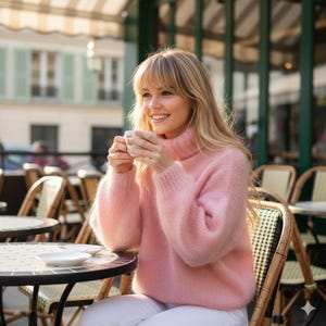 Könnte beinhalten: Eine Frau trägt einen hellrosa Rollkragenpullover und sitzt an einem Cafétisch. Der Pullover hat lange Ärmel und eine weiche Textur. Sie hält eine kleine weiße Tasse, lächelt und genießt ein Getränk. Die Café-Umgebung umfasst runde Tische und Stühle.