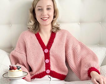 Pink and Red Alpaca Merino Cardigan – Hand Knitted Cottagecore Love Cardigan, unique knitwear