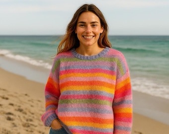 Hand Knit Mohair Sweater: Rainbow Stripe, Colorful Jumper, Oversized Fit