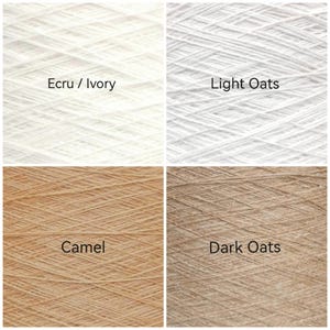 May include: A four-quadrant grid displaying yarn textures in distinct colors. The top left is labeled Ecru / Ivory, the top right is Light Oats, the bottom left is Camel, and the bottom right is labeled Dark Oats, showing fiber detail.