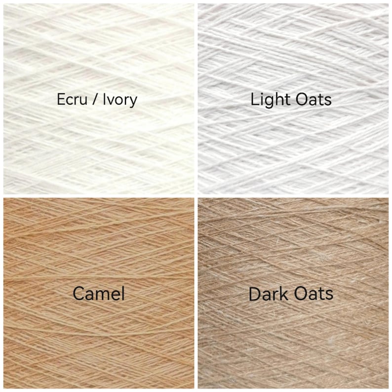 May include: A four-quadrant grid displaying yarn textures in distinct colors. The top left is labeled Ecru / Ivory, the top right is Light Oats, the bottom left is Camel, and the bottom right is labeled Dark Oats, showing fiber detail.