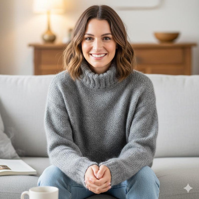 May include: A woman wearing a gray turtleneck sweater and blue jeans sits on a gray couch. The sweater has a ribbed collar and cuffs. The woman is smiling. A white mug and a book are on the couch.